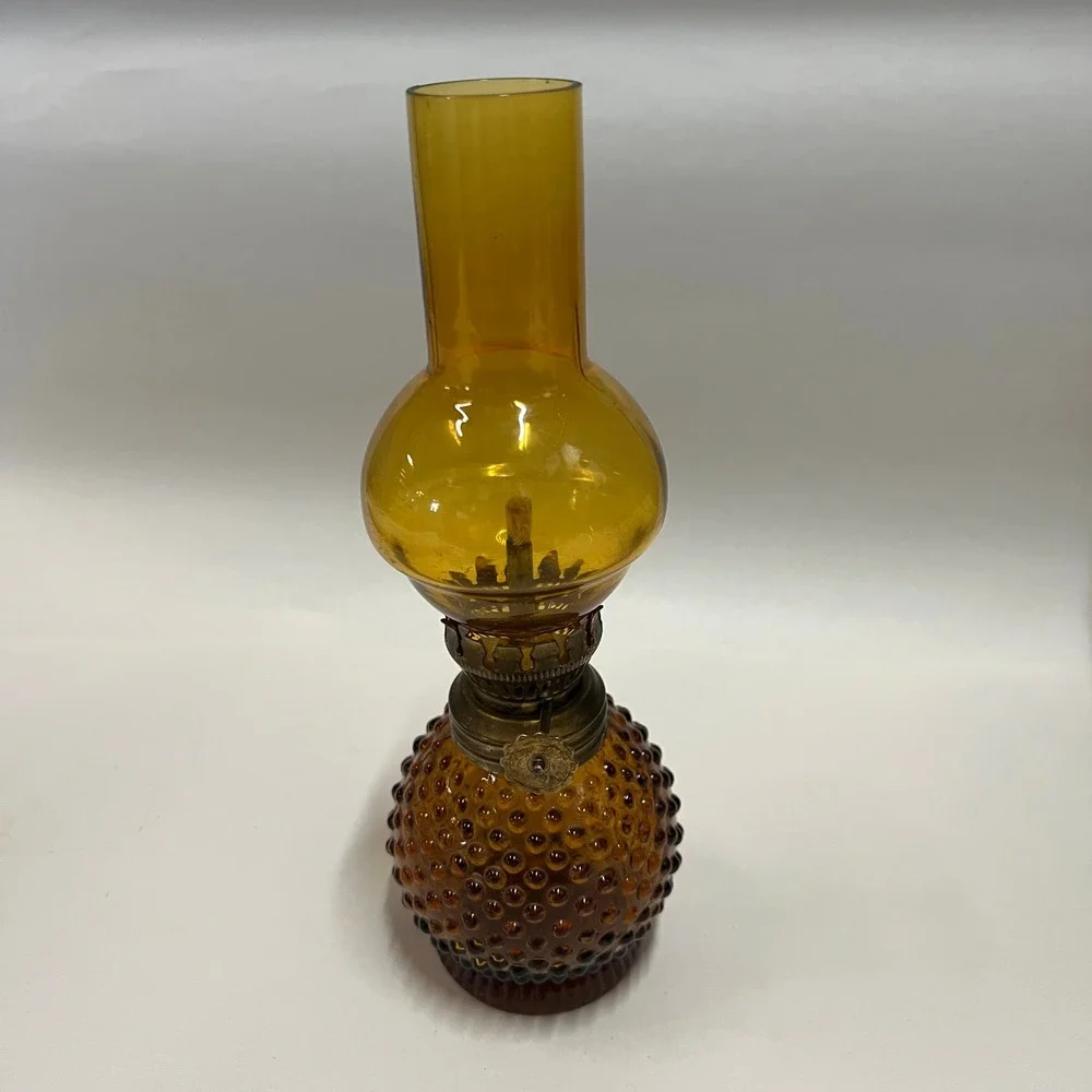 Vintage Amber Glass Hobnail Miniature Oil Lamp 8 1/4